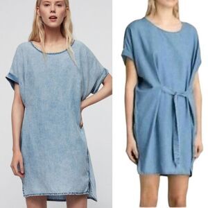 AllSaints Dress Sonny Denim Peasant Medieval Reversible Tie Waist Blue Sz S